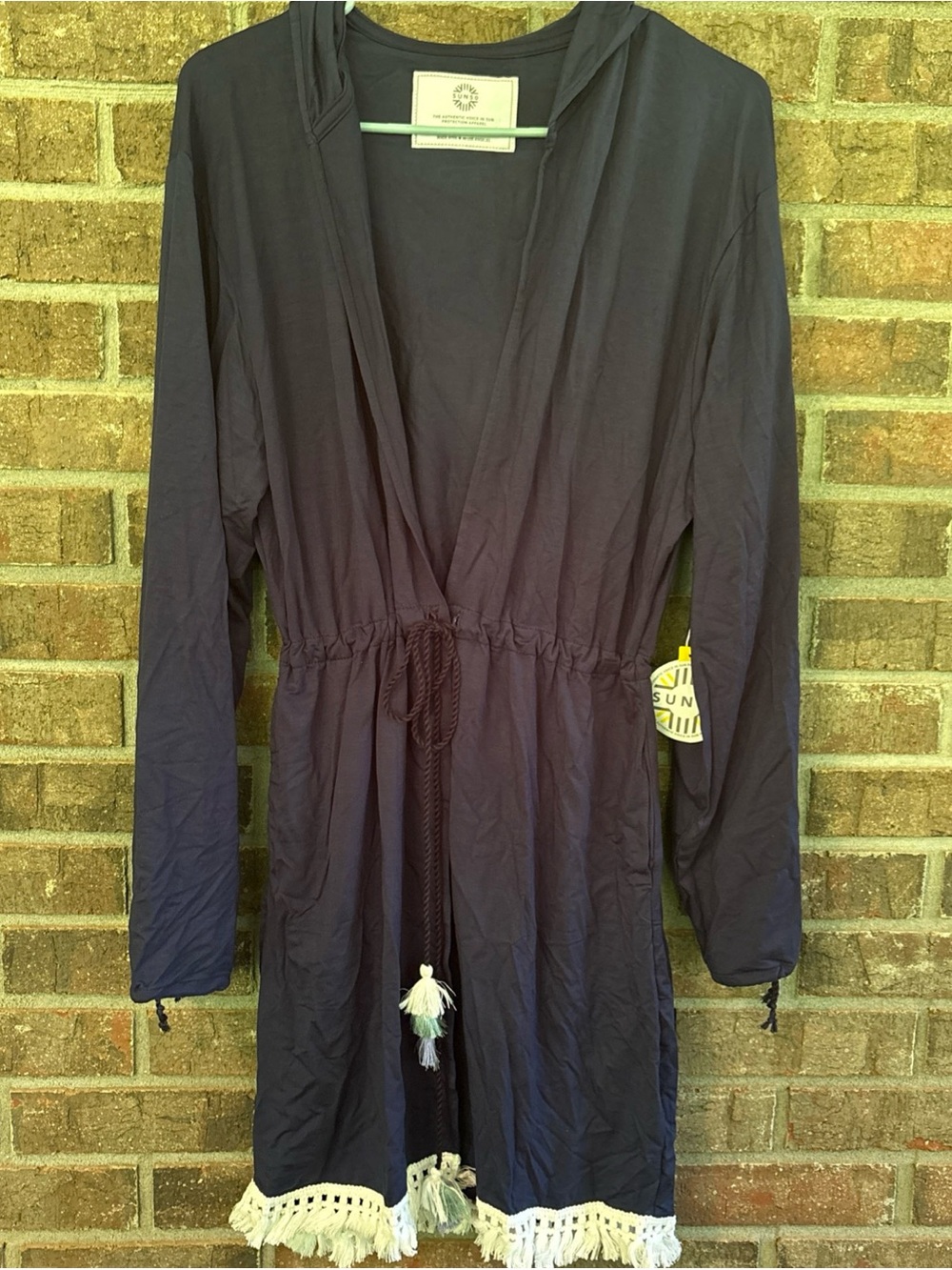 SUN50 Navy Hooded Cover-Up with Tassel Tie and Fringe